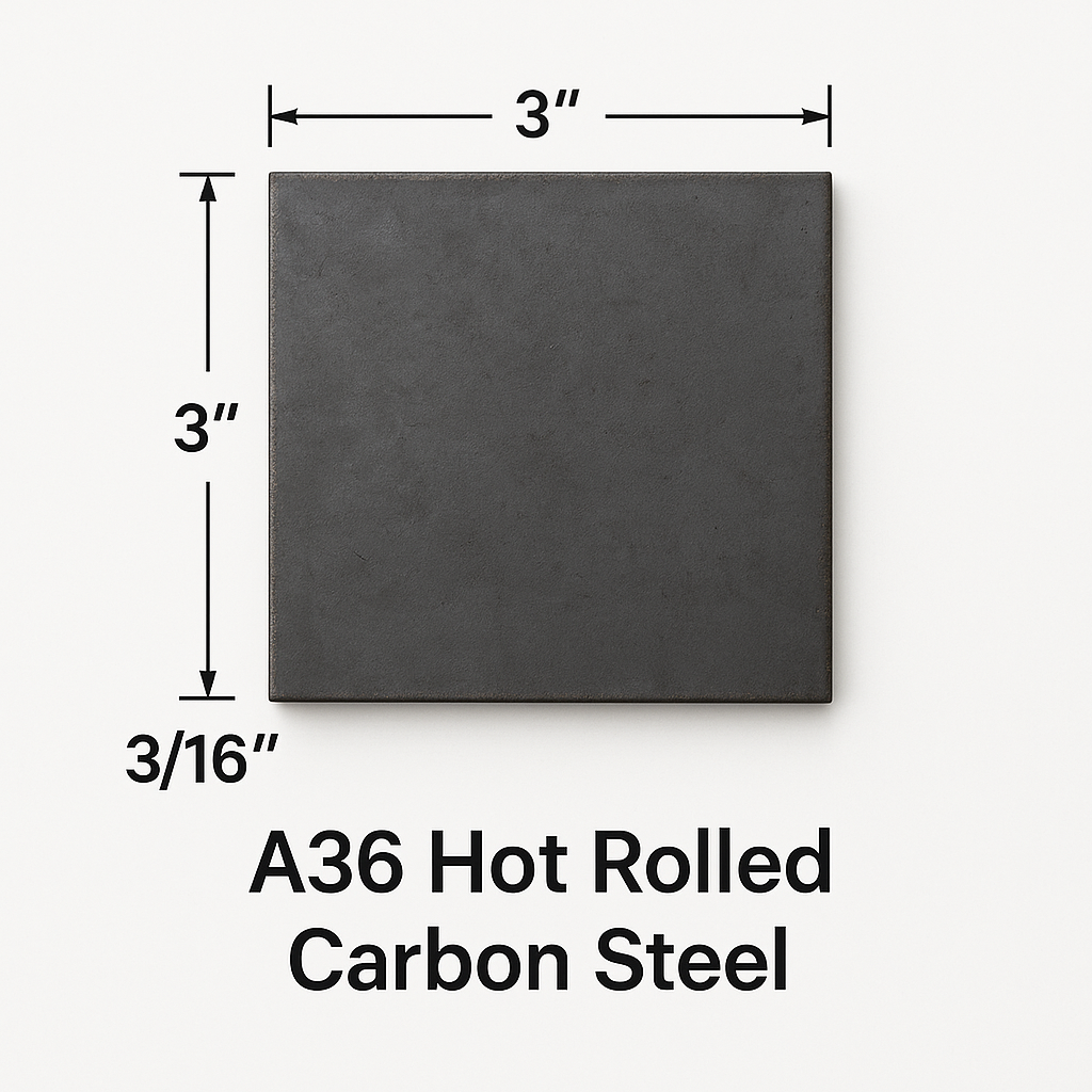 Steel plate with the measurements displayed of 3 inch by 3 inch by 3/16 inch A36 hot rolled carbon steel shim