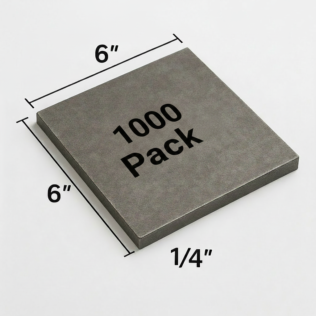 6” x 6” plate that is 1/4 inch thick. Grade a 36 hot rolled carbon steel plate. 1000 pack