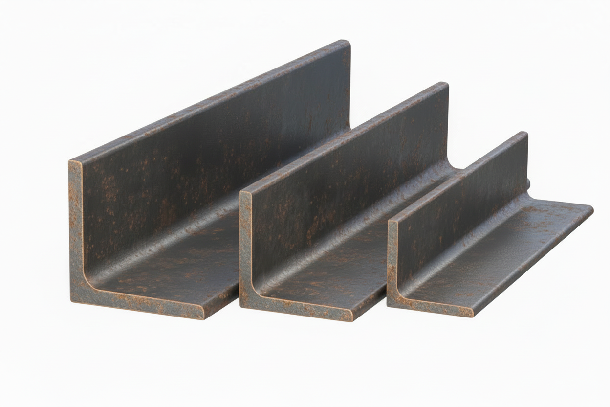 A set of three steel angle irons in different sizes, displaying the cross-sectional shape typical of angle iron.
