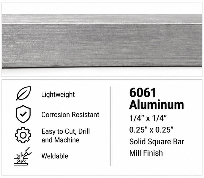 A close-up of a aluminum square bar with text below listing features: lightweight, corrosion resistant, easy to cut and drill, weldable, and 6061 aluminum 1/4 x 1/4 inch solid square bar, mill finish.