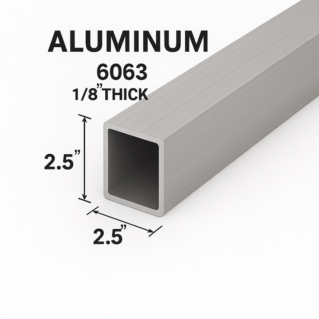2.5” x 2.5” x 1/8” Aluminum Square Tube 6063 - Hollow 0.125” Pipe - 11ga Aluminum Structural Hollow Square Pipe 11ga - Square Tube for Fabrication and Construction
