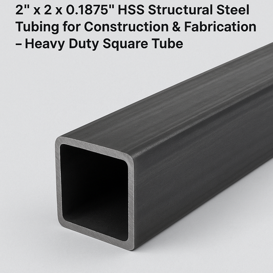 Heavy-duty square steel tubing with specifications of 2” x 2” x 0.1875” on a white background