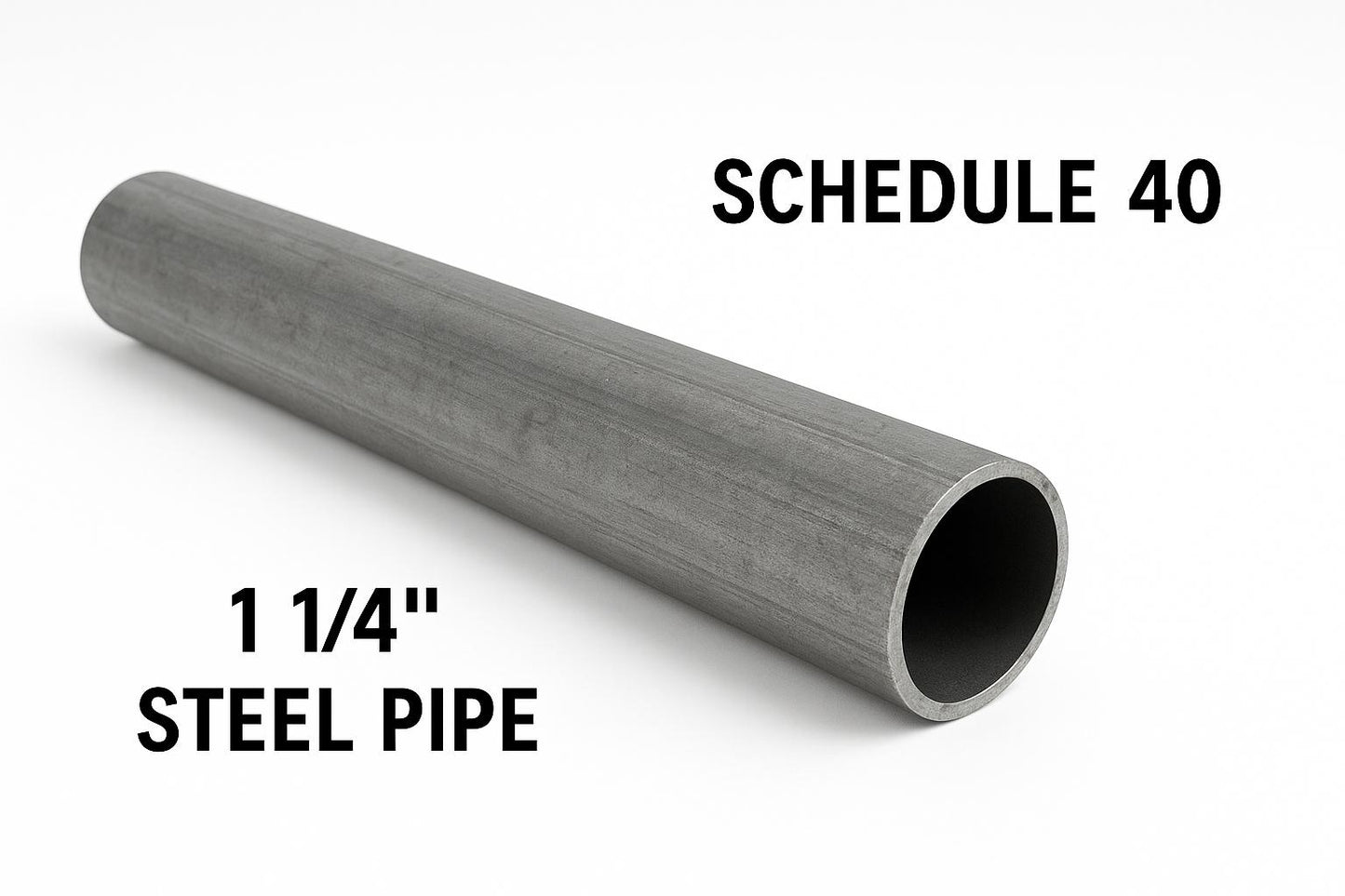 Section of 1 1/4” Steel Schedule 40 pipe. A500 carbon steel pipe at an angle showing wall thickness. 1.25” pipe