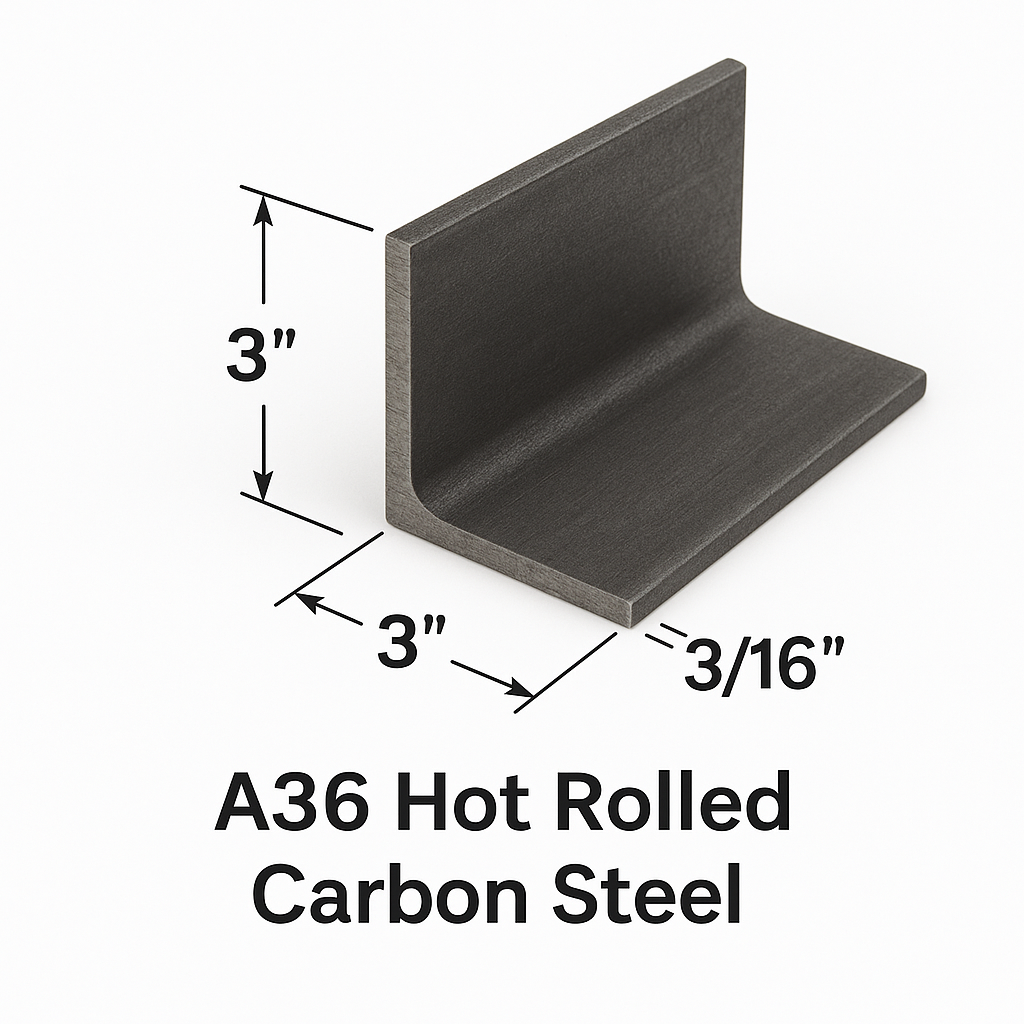 Steel angle with the dimensions labeled as 3 inch by 3 inch by 3/16 inch thick. A36 hot rolled carbon steel angle