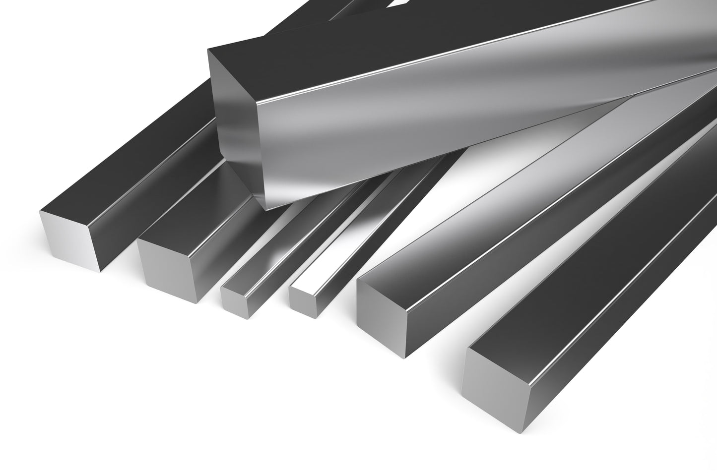 A variety of metal bar sections in a variety of sizes showing what is available for sale