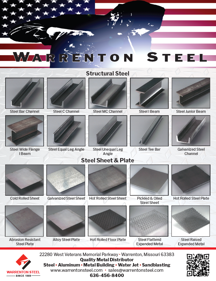 Pictures of different structural steel shapes including plates, beams, channel, angle, expanded metal, diamond plate, as well as the different finishes such as galvanized and stainless steel