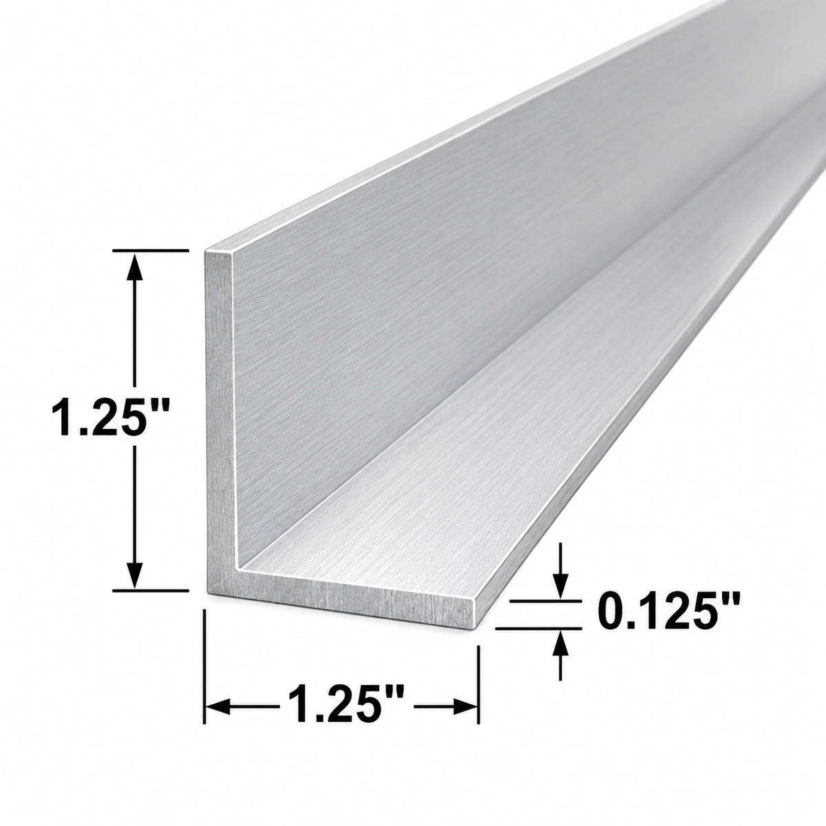 A brushed silver metal L-channel angle bracket shown with dimension callouts indicating 1.25 inches on both legs 