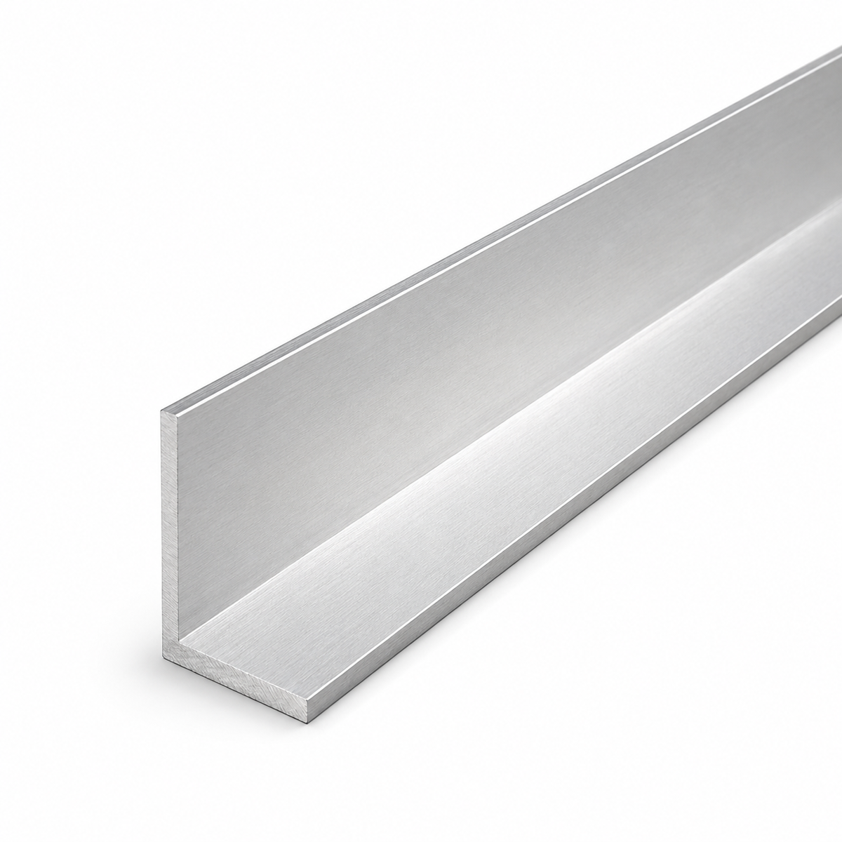 A long, straight brushed-metal angle bracket or channel strip shown at an angle on a clean white background.