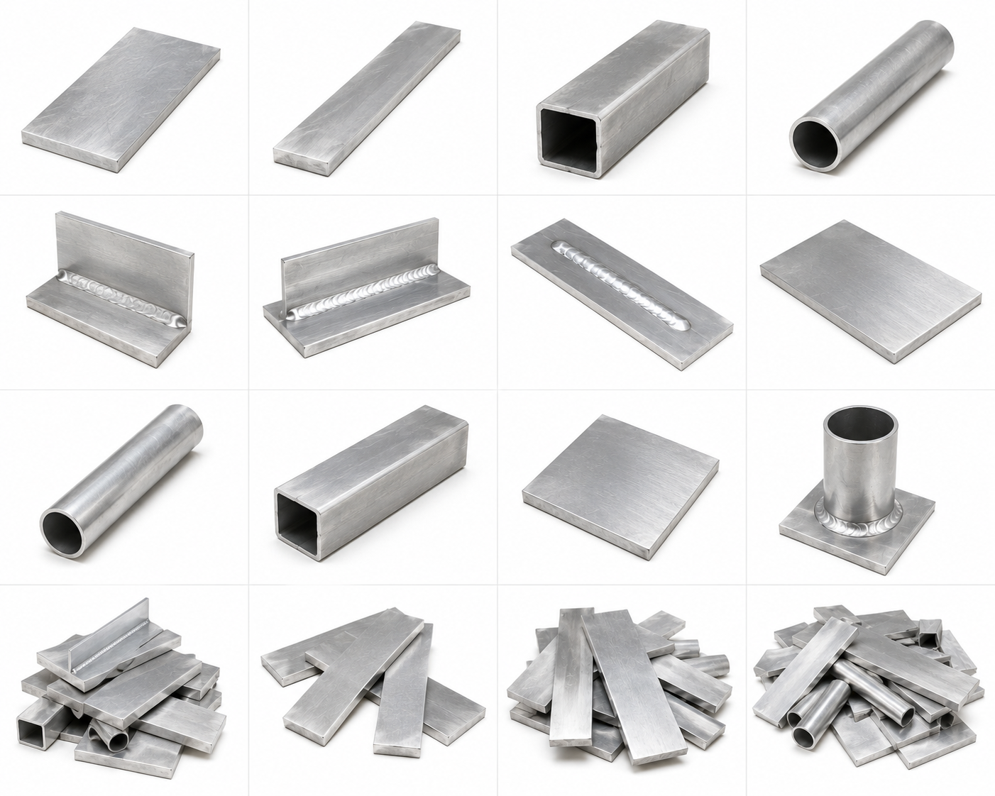 A grid of metal sheet and tube components on a white background, showing various cut pieces including rectangular plates, square tubes, welded corner sections, flat plates, and piles of cut metal pieces.