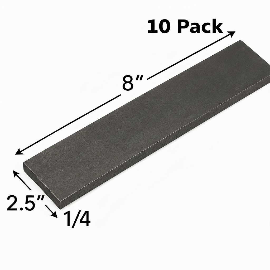 2 1/2” x 8” steel plate that is 1/4 inch thick. A36 grade hot rolled carbon, steel plate, base plate, shim plate, welding practice coupon 10 pack