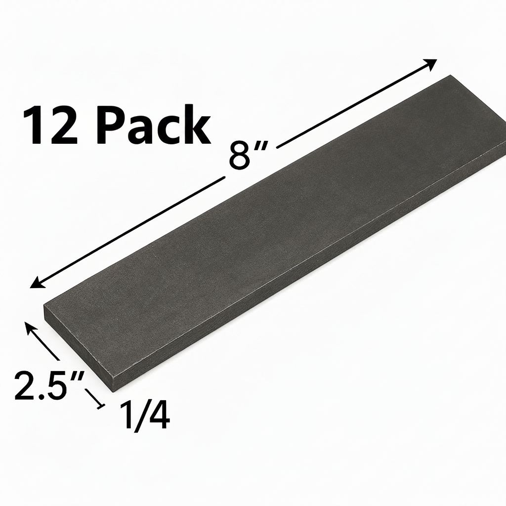 2 1/2” x 8” steel plate that is 1/4 inch thick. A36 grade hot rolled carbon, steel plate, base plate, shim plate, welding practice coupon 12 pack