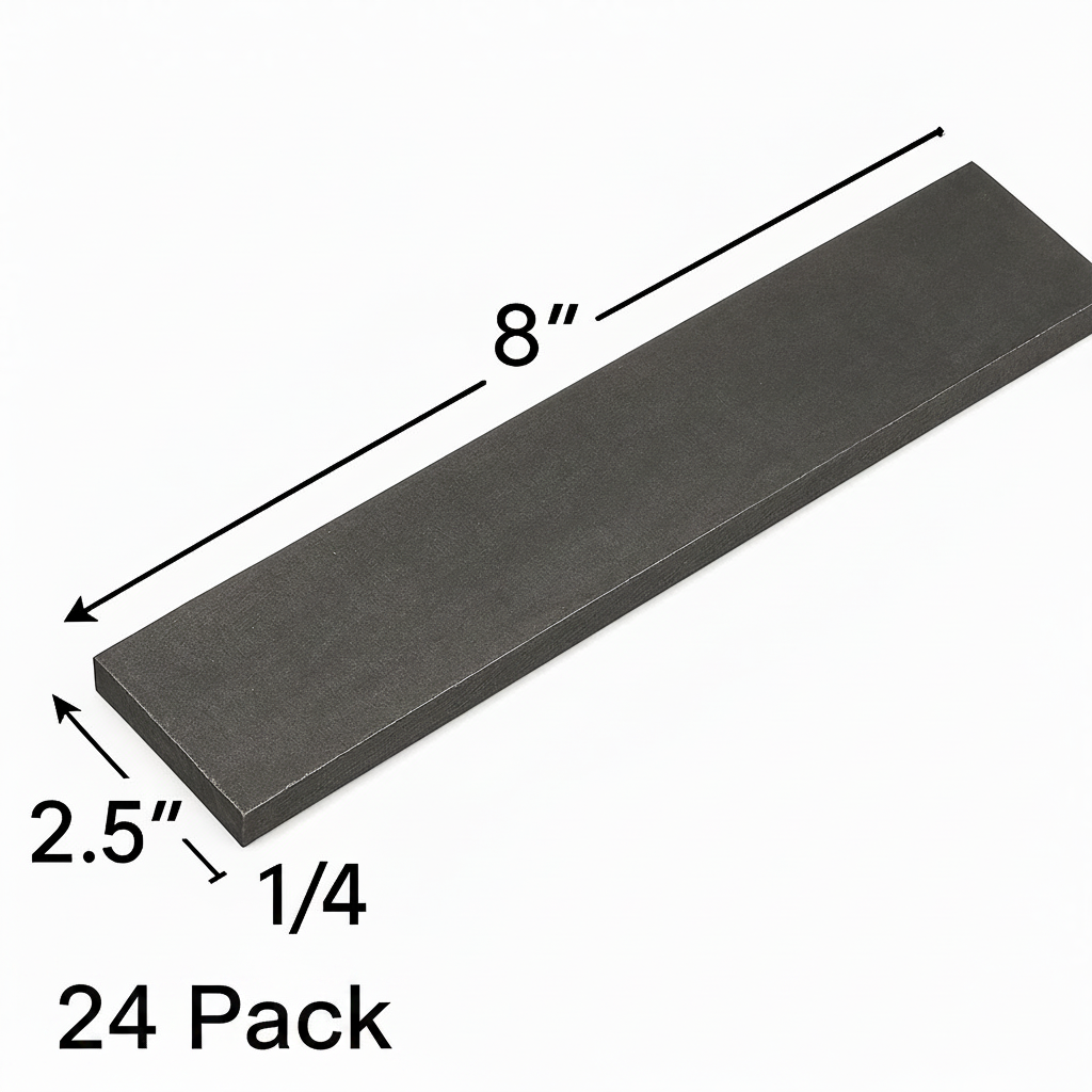 2 1/2” x 8” steel plate that is 1/4 inch thick. A36 grade hot rolled carbon, steel plate, base plate, shim plate, welding practice coupon 24 pack