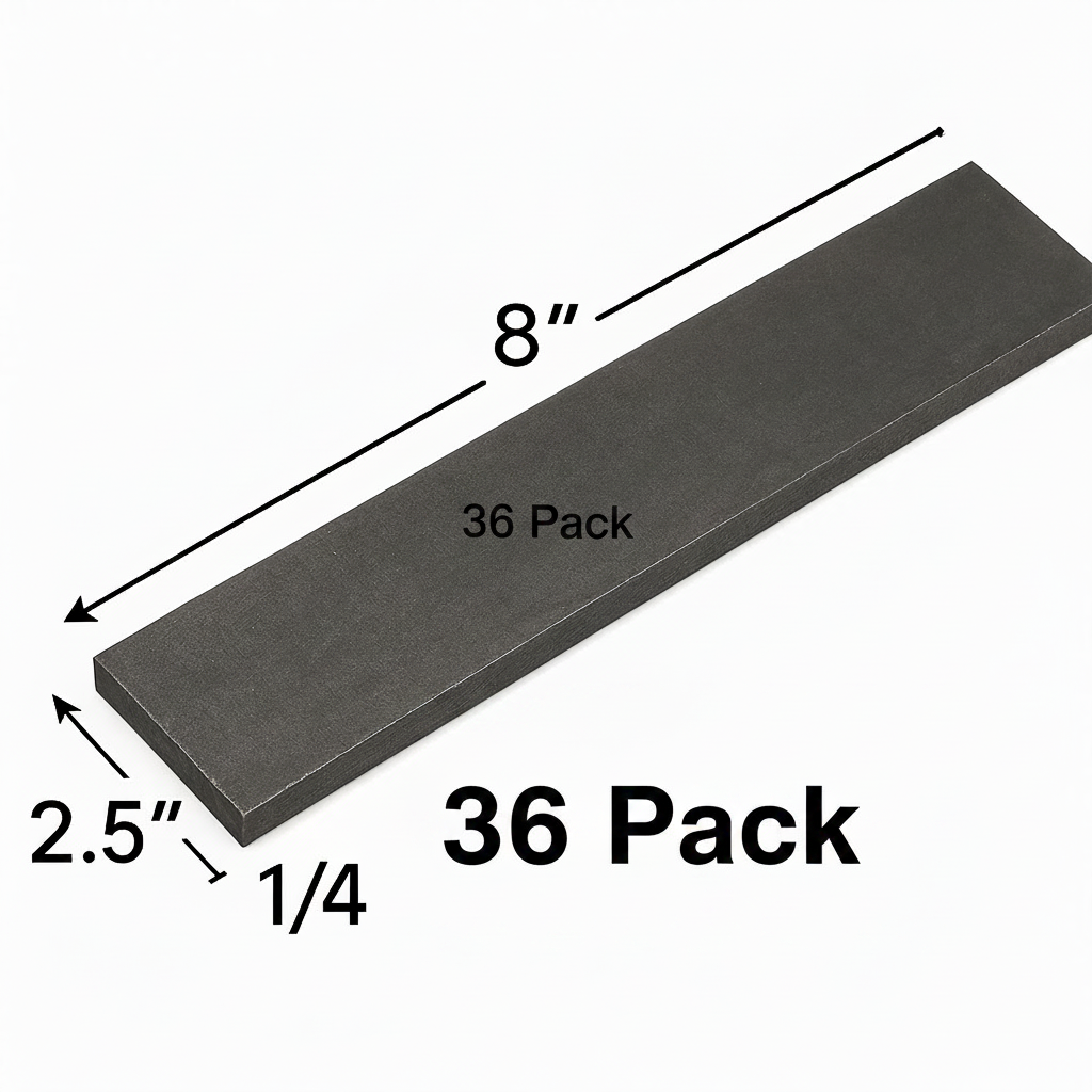 2 1/2” x 8” steel plate that is 1/4 inch thick. A36 grade hot rolled carbon, steel plate, base plate, shim plate, welding practice coupon 36 pack