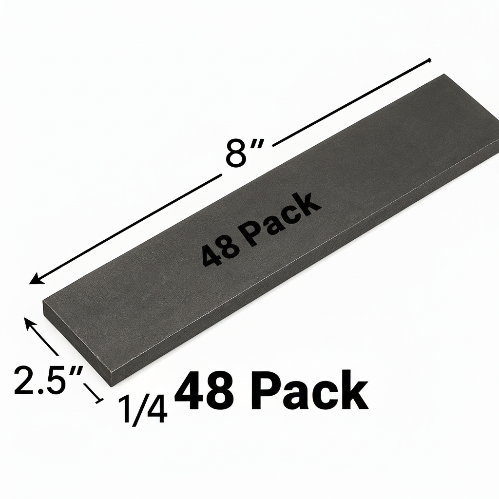 2 1/2” x 8” steel plate that is 1/4 inch thick. A36 grade hot rolled carbon, steel plate, base plate, shim plate, welding practice coupon 48 pack