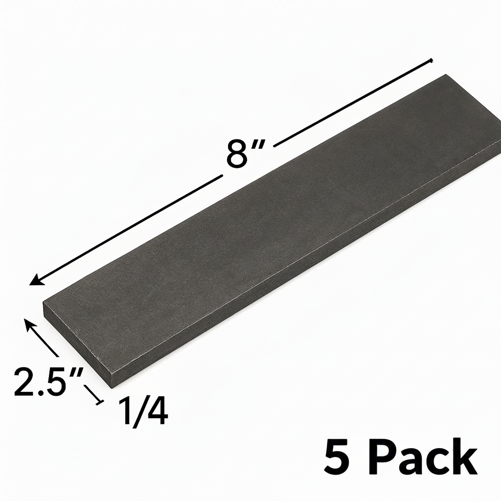 2 1/2” x 8” steel plate that is 1/4 inch thick. A36 grade hot rolled carbon, steel plate, base plate, shim plate, welding practice coupon 5 pack