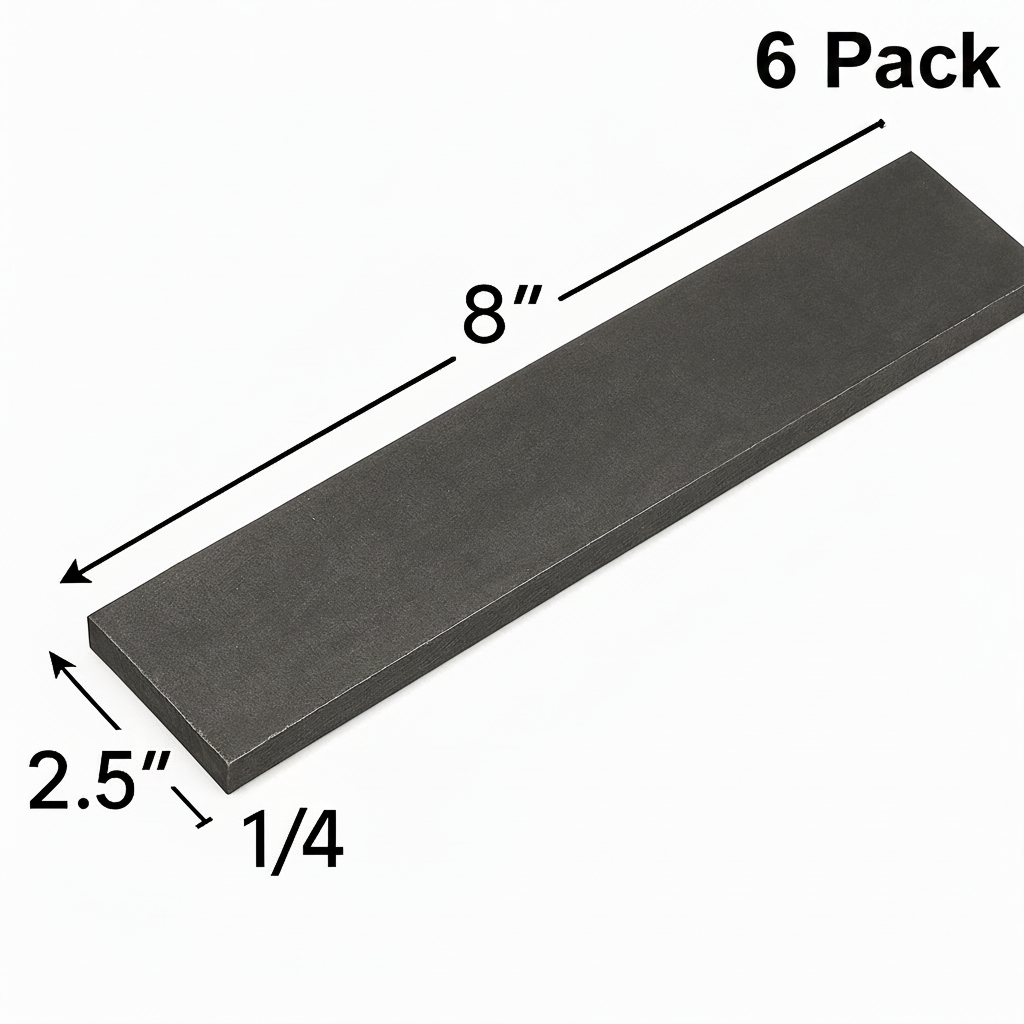 2 1/2” x 8” steel plate that is 1/4 inch thick. A36 grade hot rolled carbon, steel plate, base plate, shim plate, welding practice coupon 6 pack