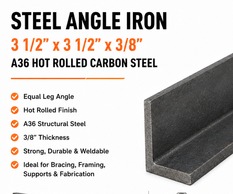 3 1/2 x 3 1/2 x 3/8” Steel angle iron product with specifications and features on a white background