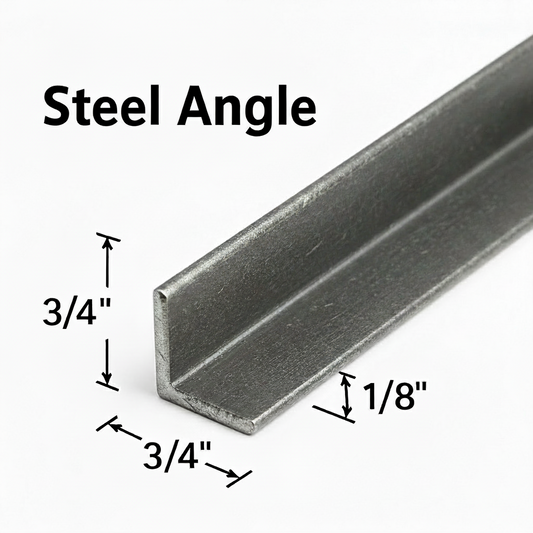 Steel angle that is three-quarter inch by three-quarter inch by 1/8 inch