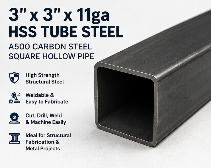 3” by 3” by 11 gauge HSS tube steel with dimensions and specifications on a blue background