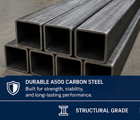3” by 3” by 11 gauge HSS tube steel with dimensions and specifications on a blue background
