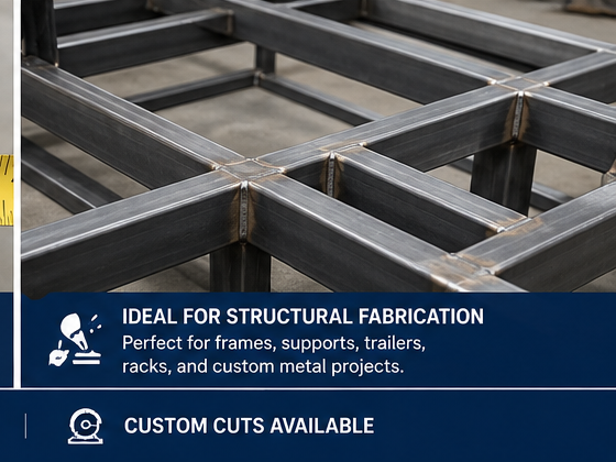 3” by 3” by 11 gauge HSS tube steel with dimensions and specifications on a blue background