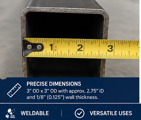 3” by 3” by 11 gauge HSS tube steel with dimensions and specifications on a blue background