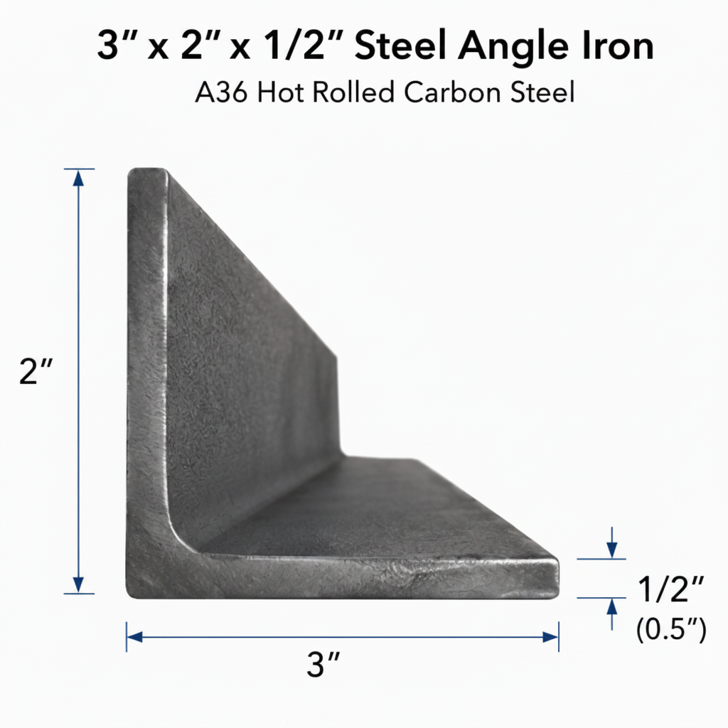 3 inch by 2 inch steel angle iron, including a technical dimension diagram