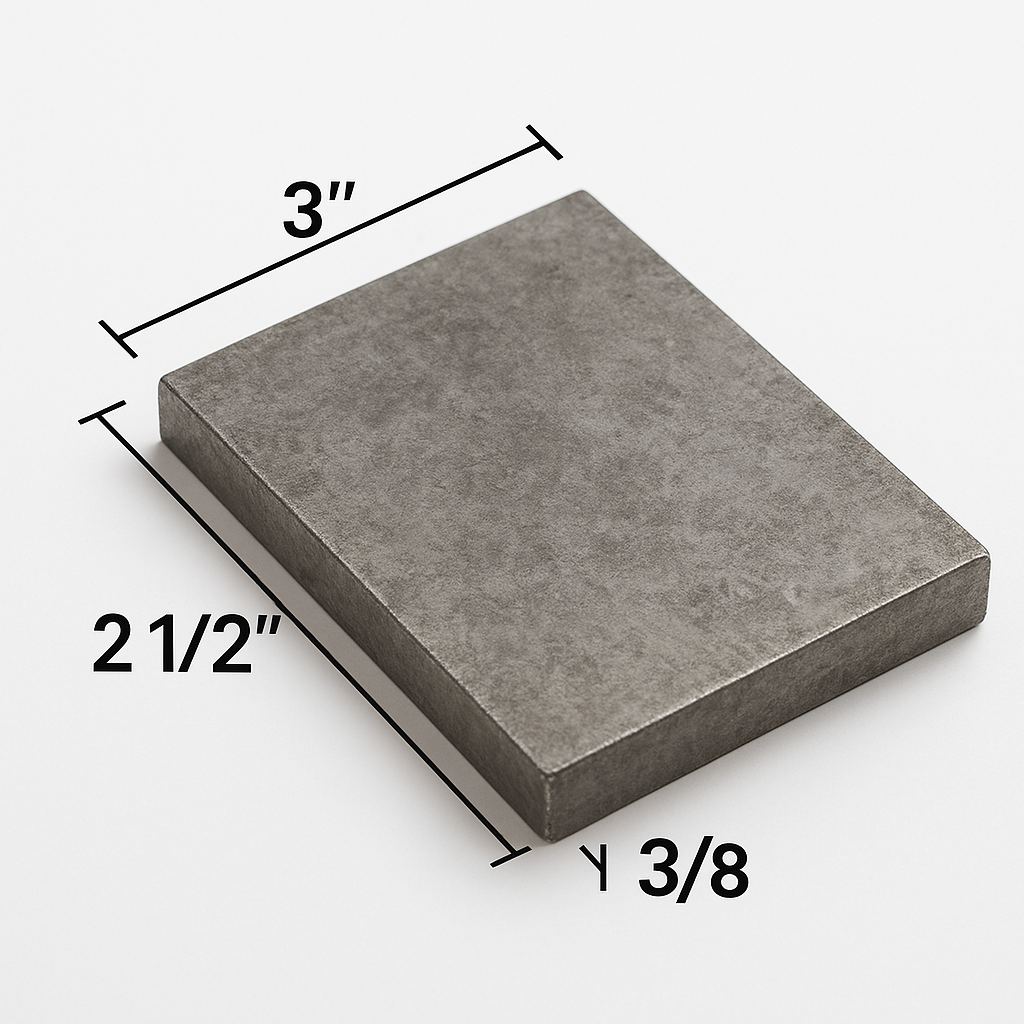 3” x 2 1/2” steel plate that is 3/8 inch thick. Grade a 36 hot rolled carbon steel plate.