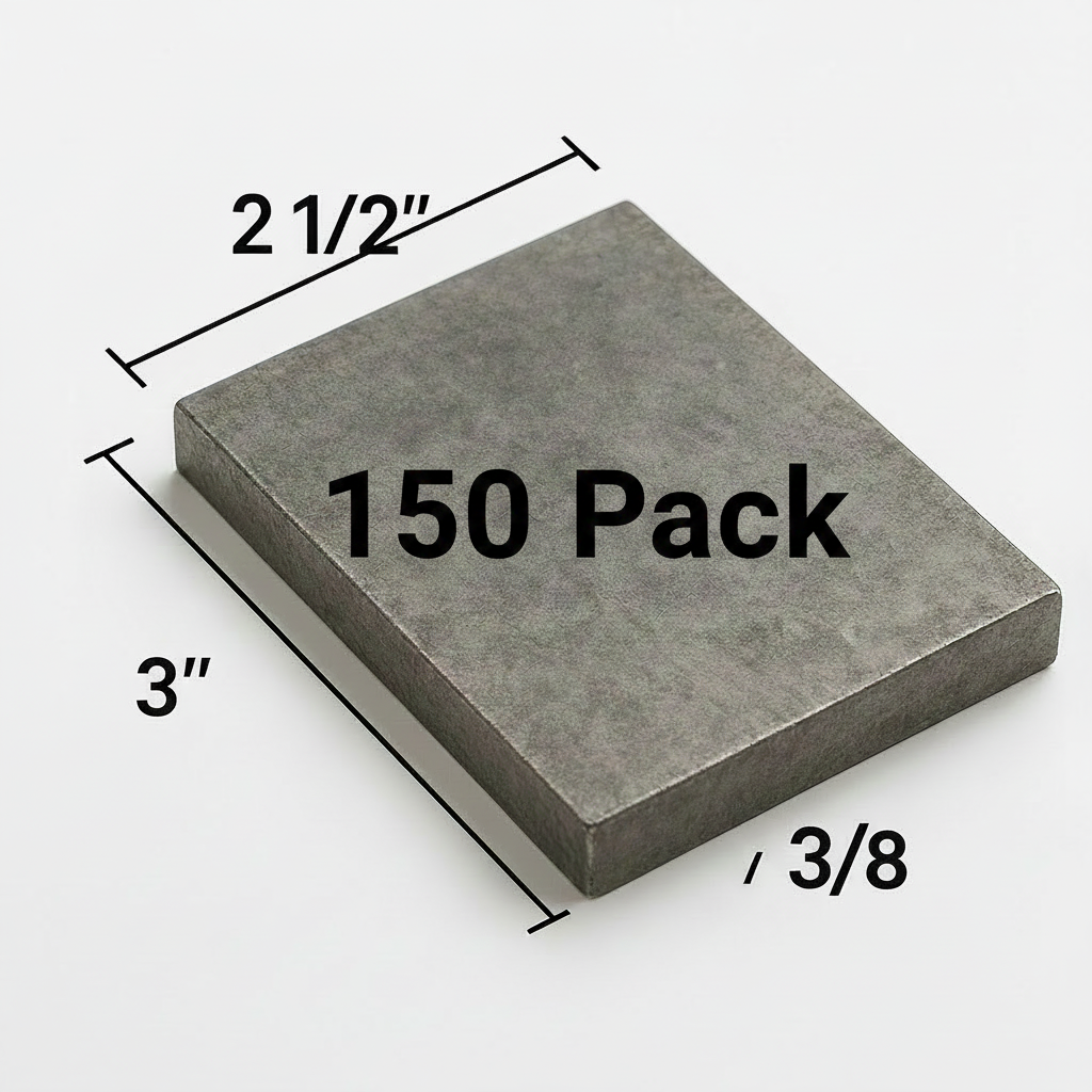 3” x 2 1/2” steel plate that is 3/8 inch thick. Grade a 36 hot rolled carbon steel plate. 150 pack