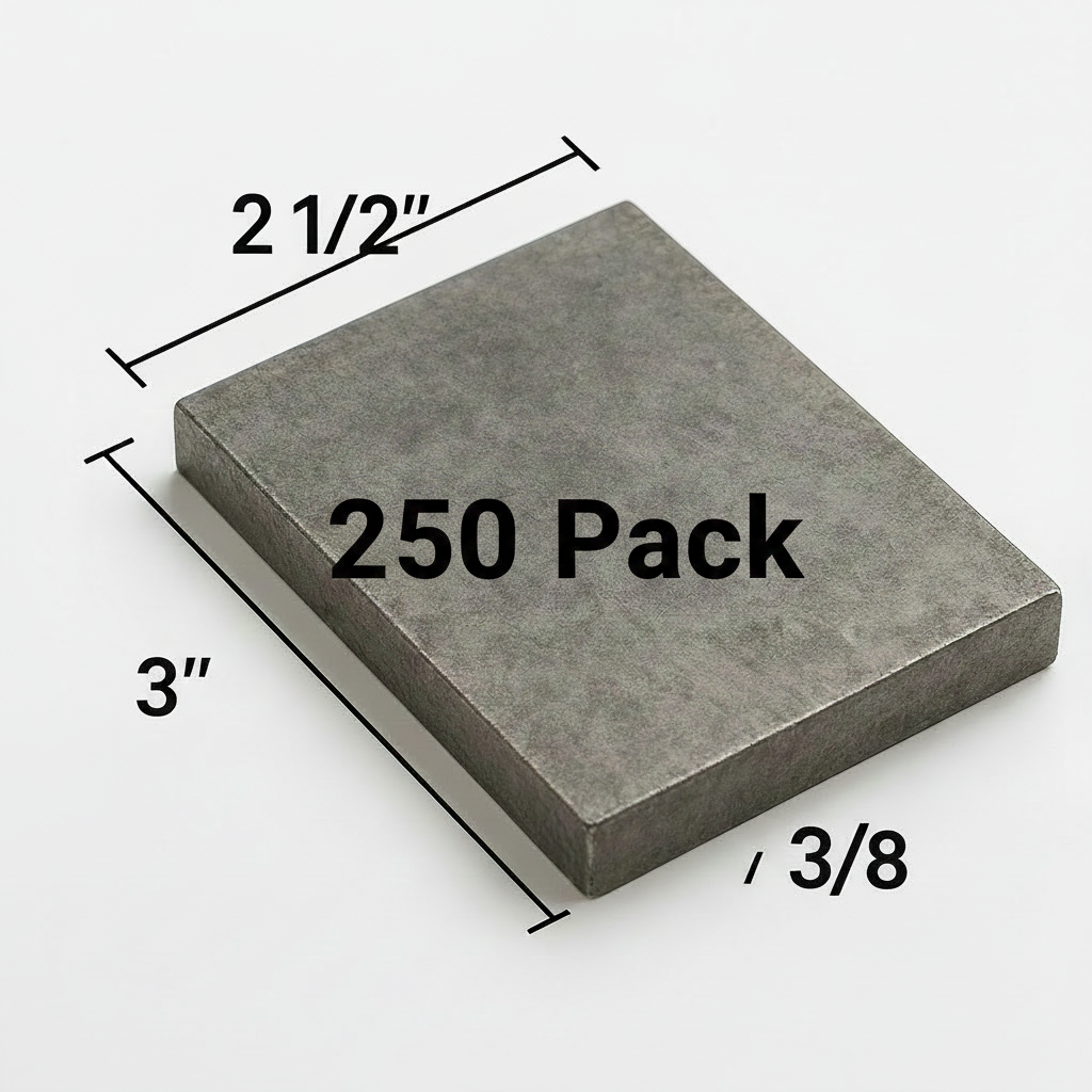 3” x 2 1/2” steel plate that is 3/8 inch thick. Grade a 36 hot rolled carbon steel plate. 250 pack