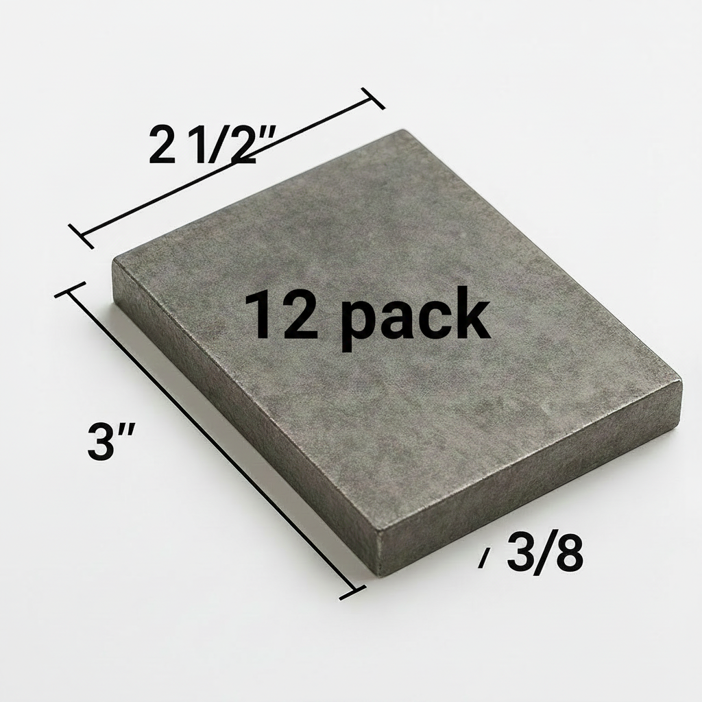 3” x 2 1/2” steel plate that is 3/8 inch thick. Grade a 36 hot rolled carbon steel plate 12 pack