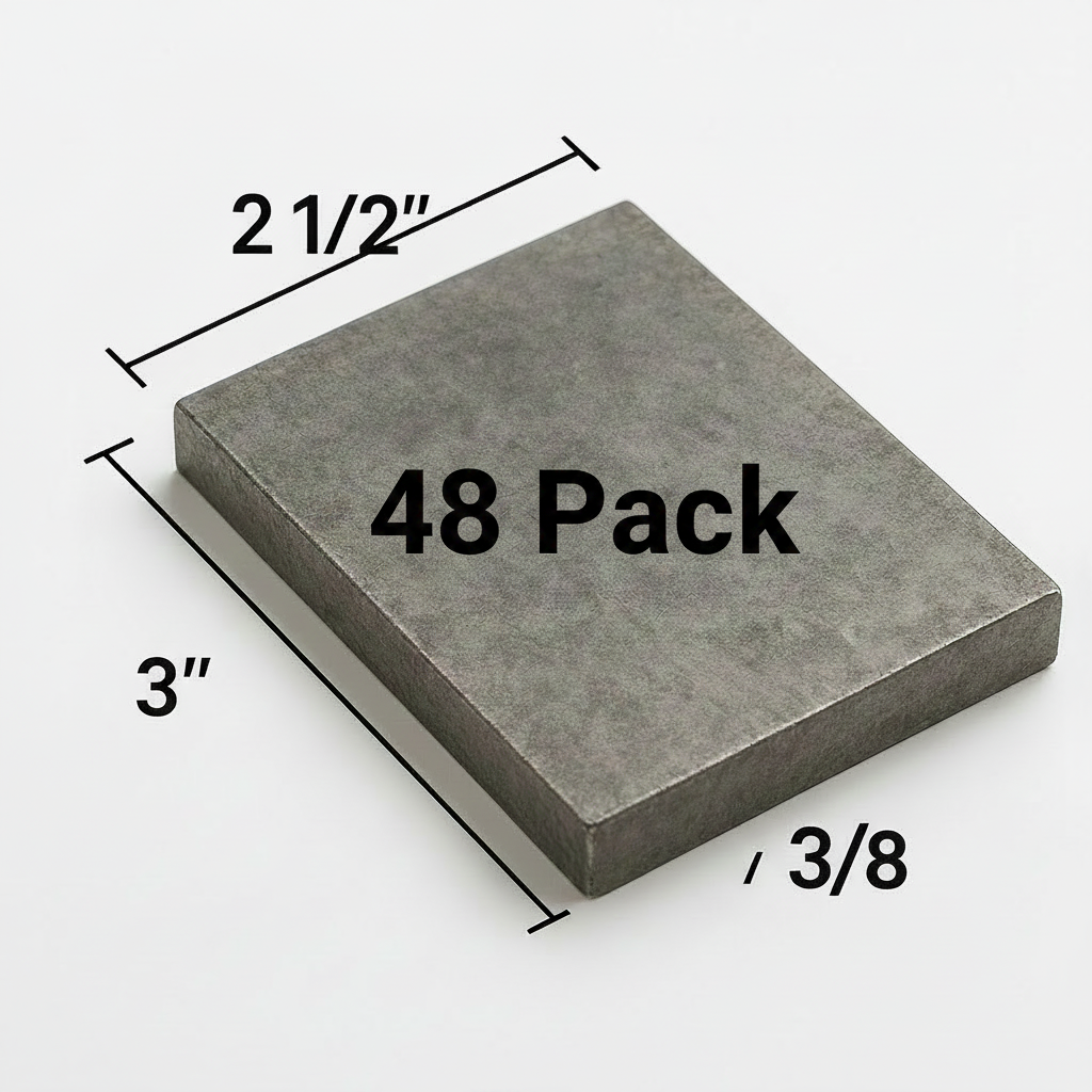 3” x 2 1/2” steel plate that is 3/8 inch thick. Grade a 36 hot rolled carbon steel plate 48 pack
