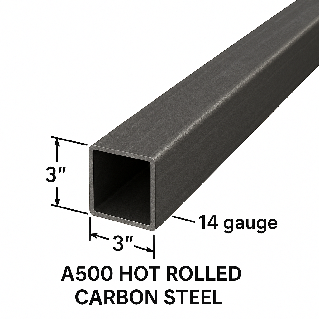 3” x 3” x  14ga Rectangular metal tube labeled 'A500 HOT ROLLED CARBON STEEL' with dimensions and gauge information.
