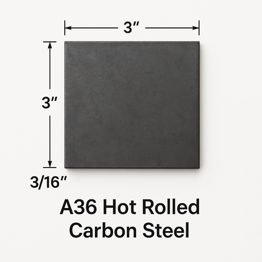 Steel plate with the measurements displayed of 3 inch by 3 inch by 3/16 inch A36 hot rolled carbon steel shim 