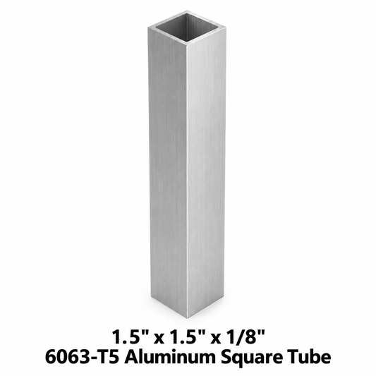 A brushed silver aluminum square tube post shown on a white background with text at the bottom reading '1.5" x 1.5”