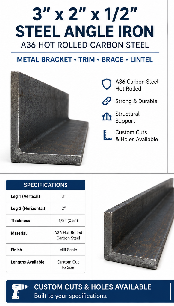 3x2x1/2 steel angle iron bracket on a white background