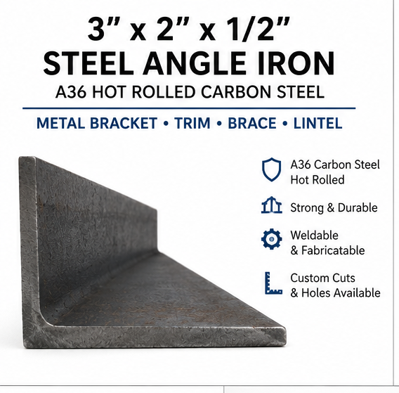 3x2x1/2 steel angle iron bracket on a white background, with dimensions, material specs. A36 hot rolled carbon steel, and custom cuts and holes availability.