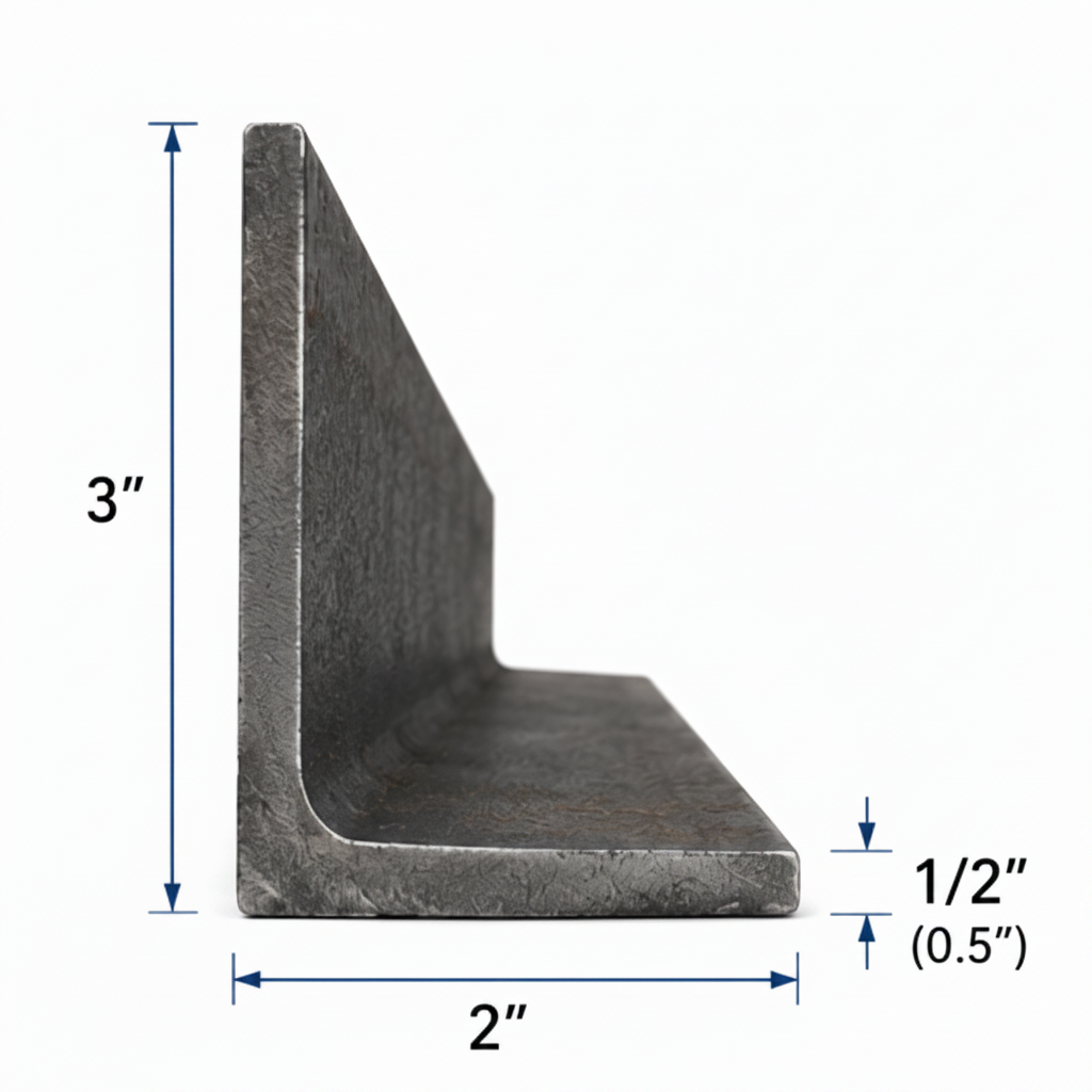 3x2x1/2 steel angle iron bracket on a white background, with dimensions, material specs