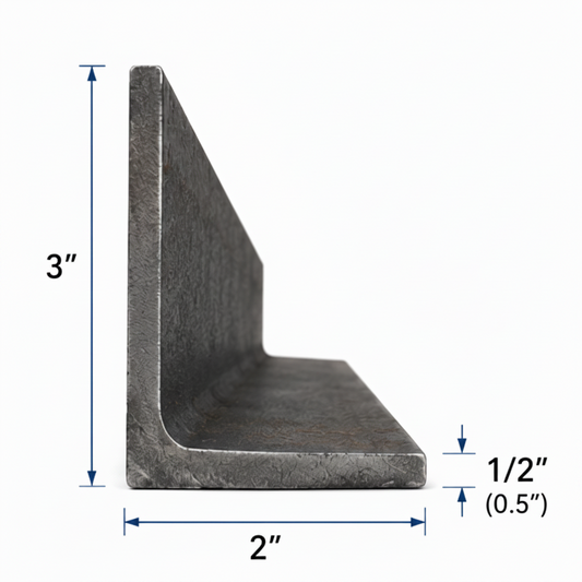 3x2x1/2 steel angle iron bracket on a white background, with dimensions, material specs