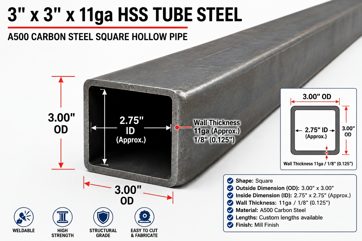 3x3x11ga HSS tube steel with dimensions and specifications on a white background