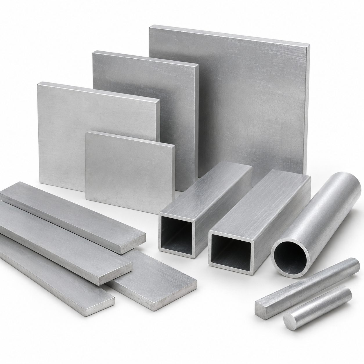 A set of brushed aluminum metal profiles and tubes, including square tubes, rectangular bars, and round rods, arranged on a clean white background.