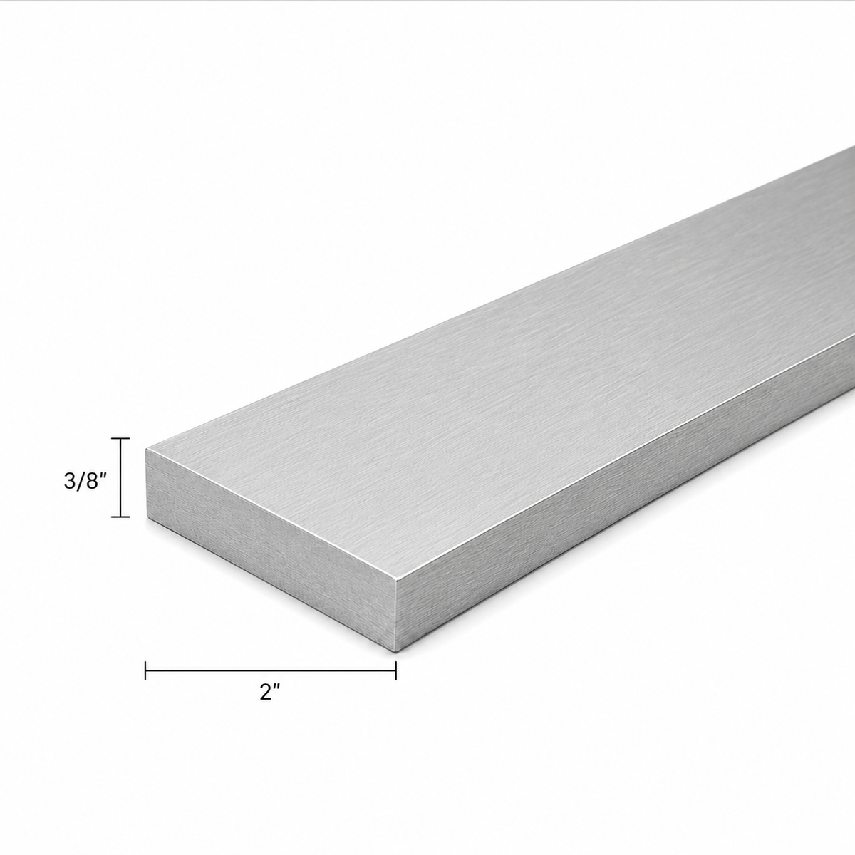 A brushed metal rectangular bar shown at an angle on a white background, with dimension labels indicating 2 inches in length and 3/8 inches in height.