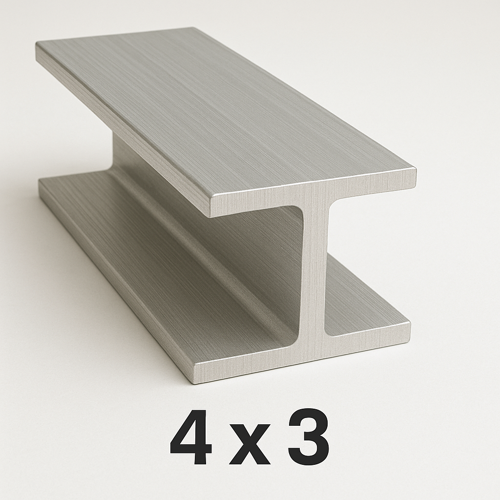 Aluminum beam structure on a white background with '4” x 3”' text.