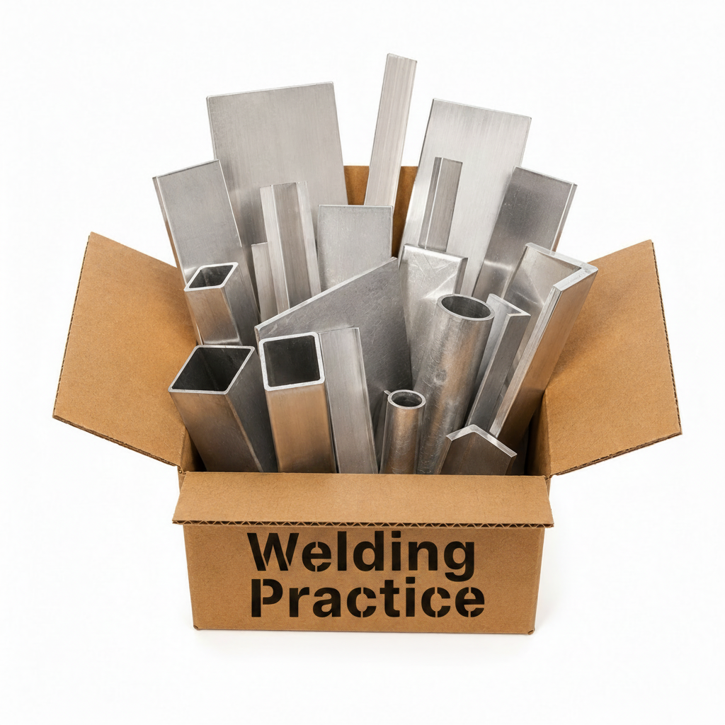 An open brown cardboard box filled with assorted silver metal tubes, rods, and flat aluminum bars, photographed on a clean white background.