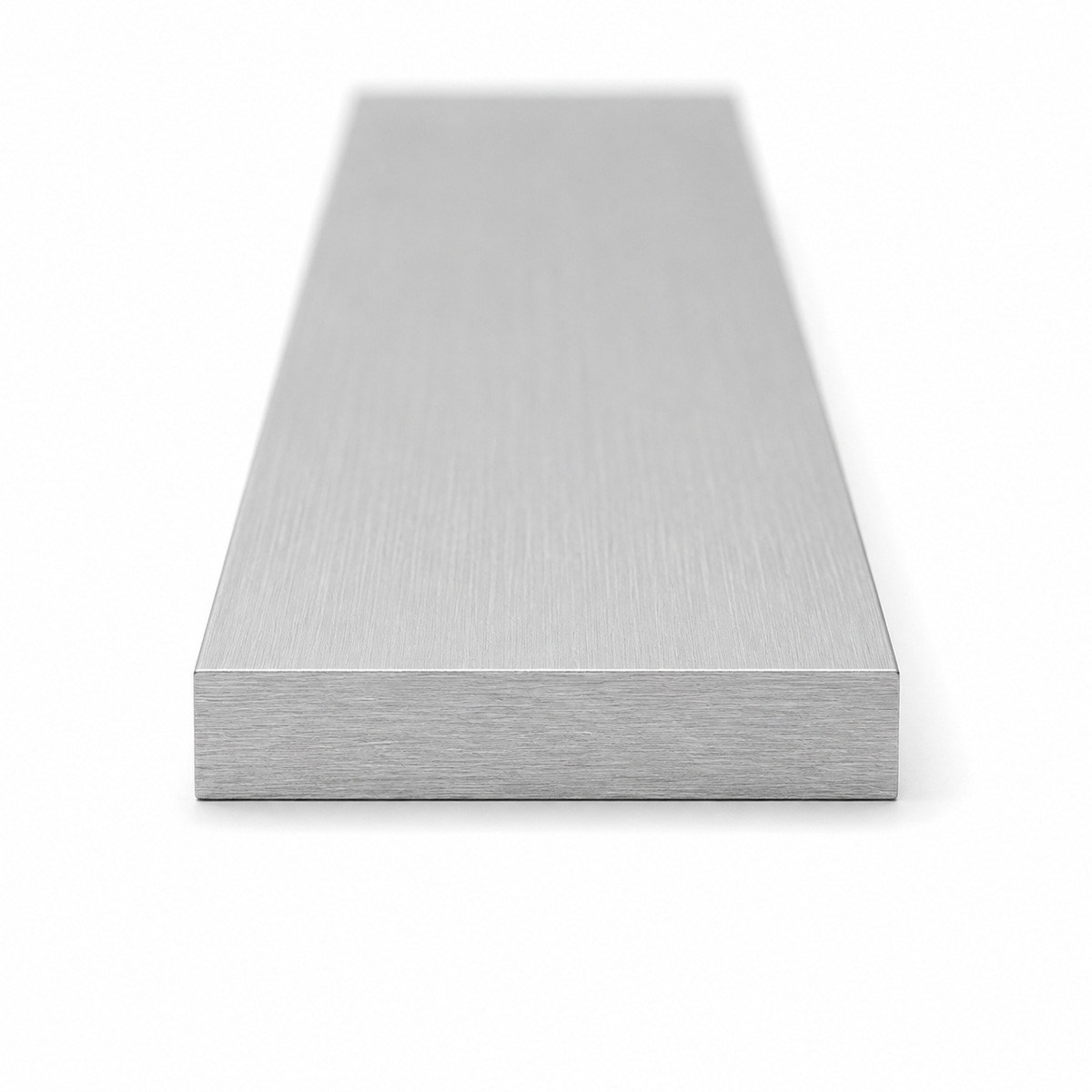 A rectangular brushed metal shown from a low angle on a clean white background.