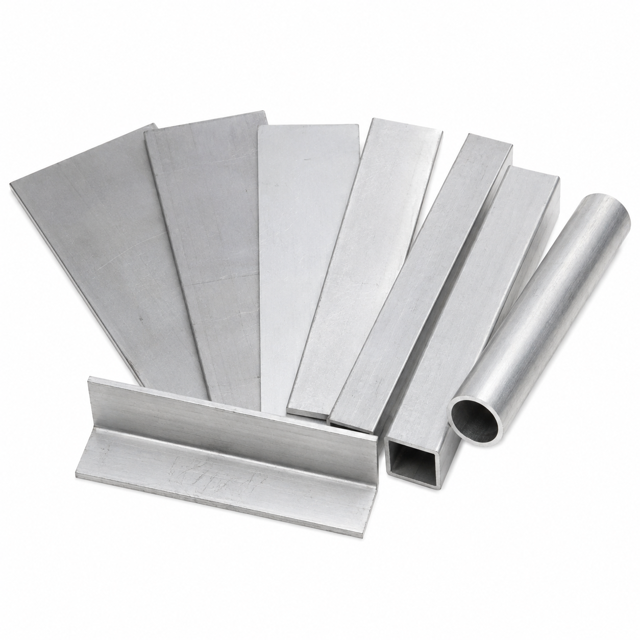 A set of silver metal cutting tools including flat steel plates, square steel bars, and a hollow metal tube, arranged on a plain white background.