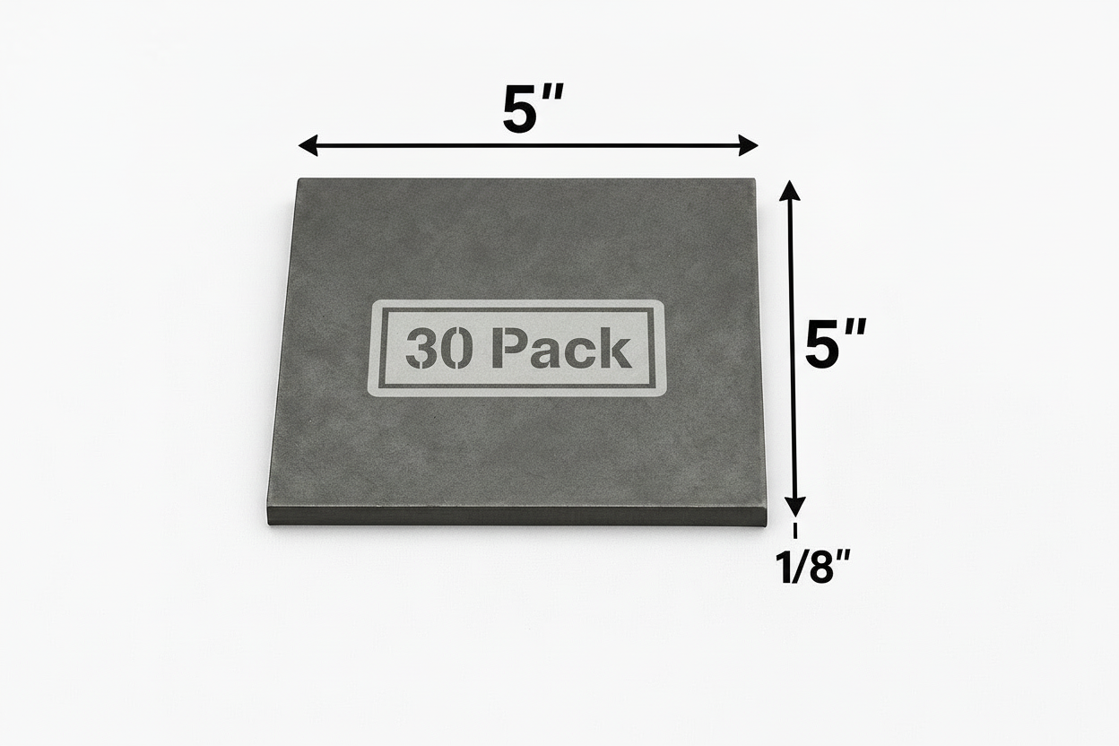 5“ x 5“ x 1/8“ steel square with a ' 30 Pack' label and dimensions on a white background