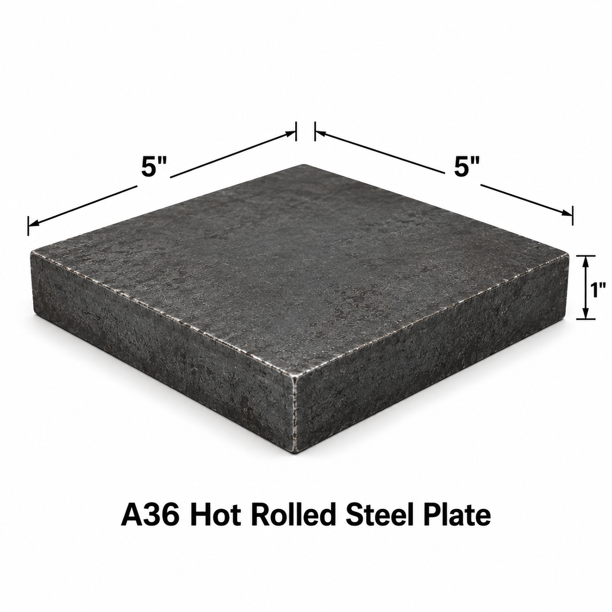 5 x 5 x 1"  dark gray A36 hot rolled steel plate shown at an angle with dimension lines indicating 5 inches by 5 inches by 1 inch, on a white background with text reading 'A36 Hot Rolled Steel Plate'.