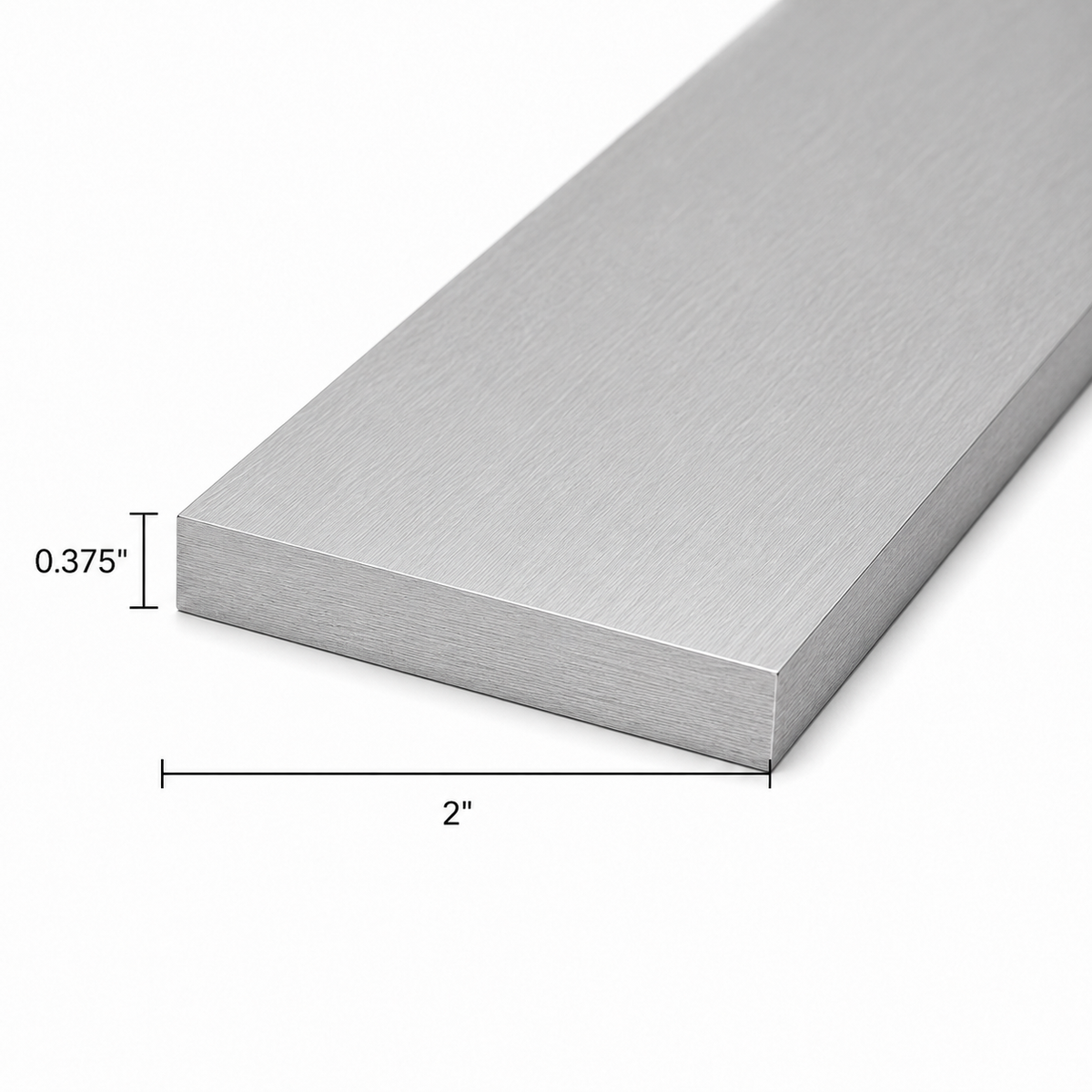 A brushed metal rectangular bar shown at an angle on a white background, with dimension labels indicating 2 inches by 0.375 inches.