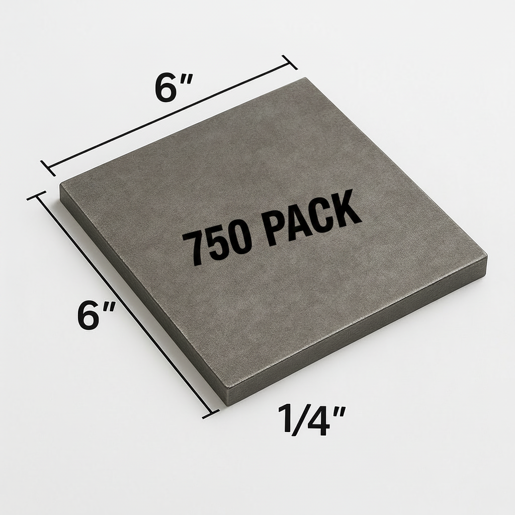 6” x 6” plate that is 1/4 inch thick. Grade a 36 hot rolled carbon steel plate. 750 pack
